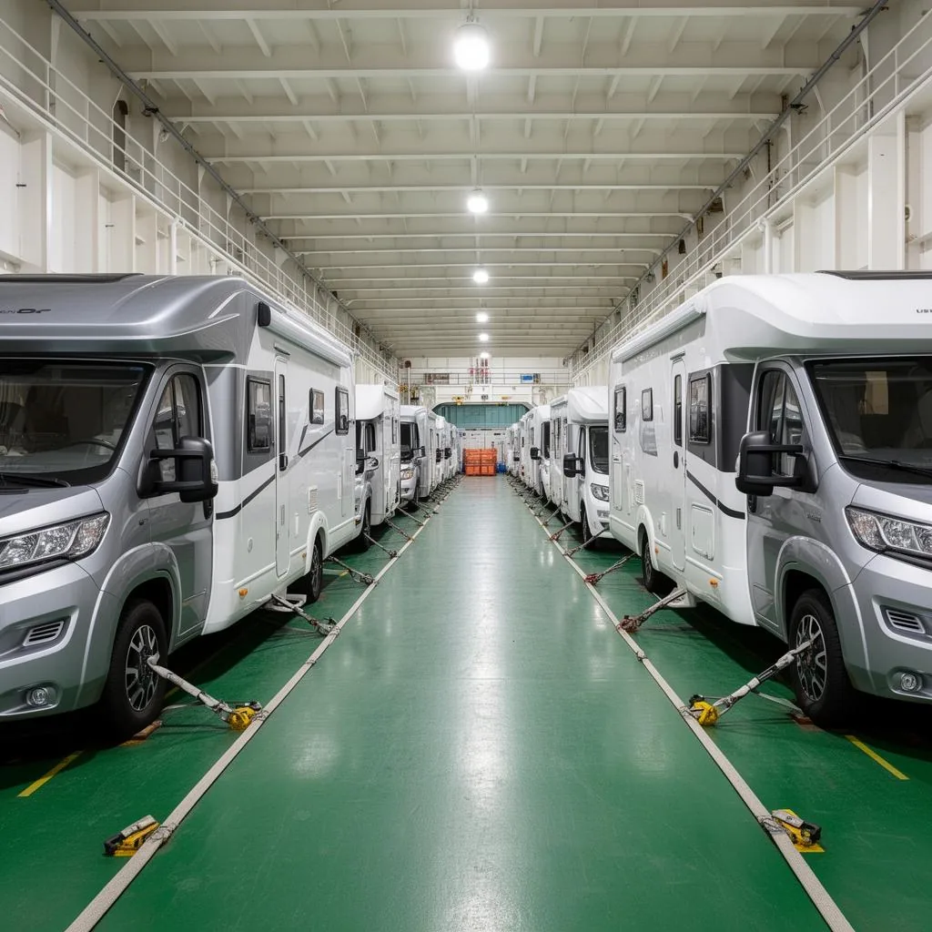 Motorhomes and caravans loaded inside a roll-on roll-off vessel